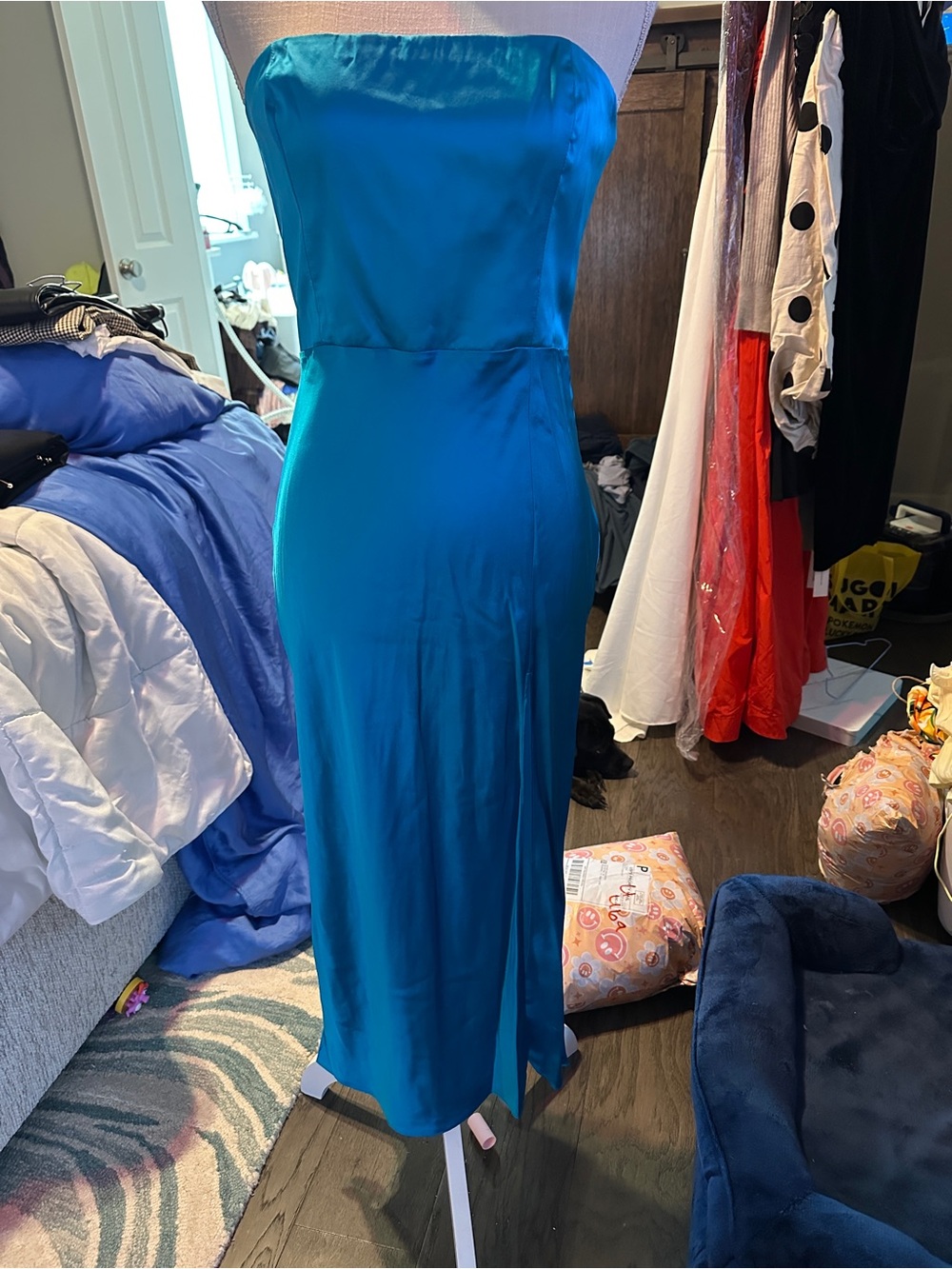 Amanda Uprichard Teal Strapless Satin Column Dress